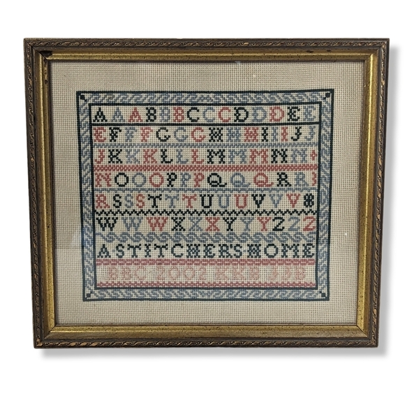 Vintage Framed Hand Stitched Cross Stitch Needlepoint Alphabet Sampler Framed - Picture 1 of 4